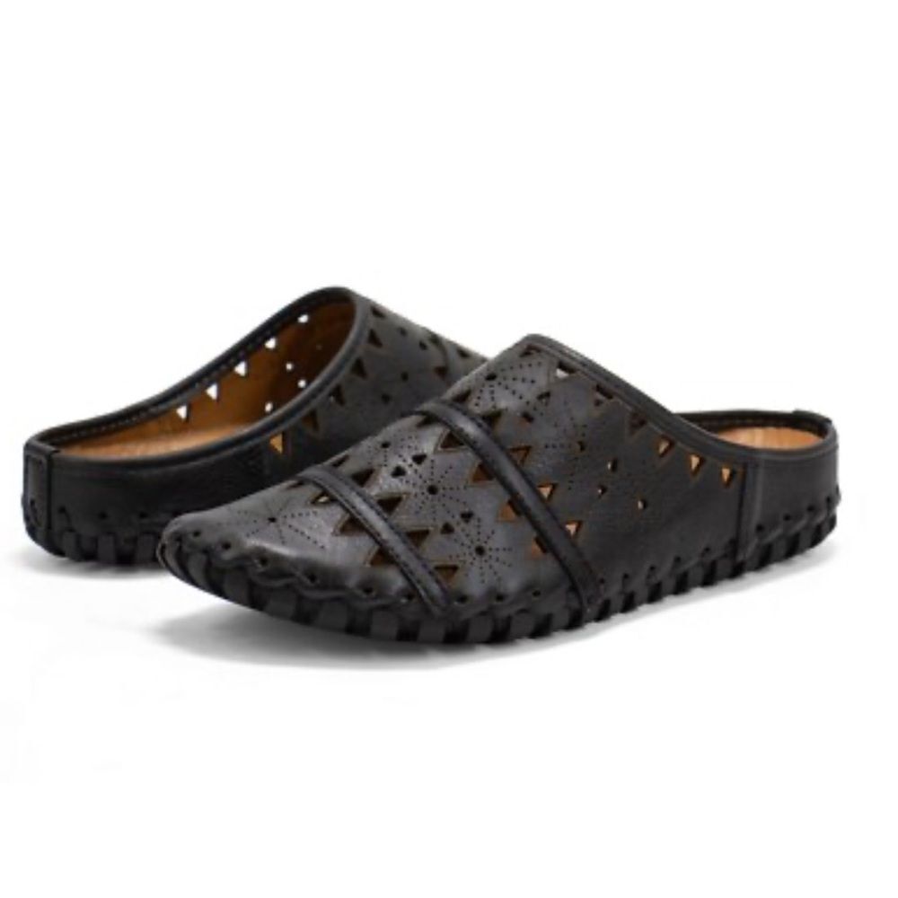 Spring Step FUSALIDE Black Leather Perforated Designed Slip On Statement Slide